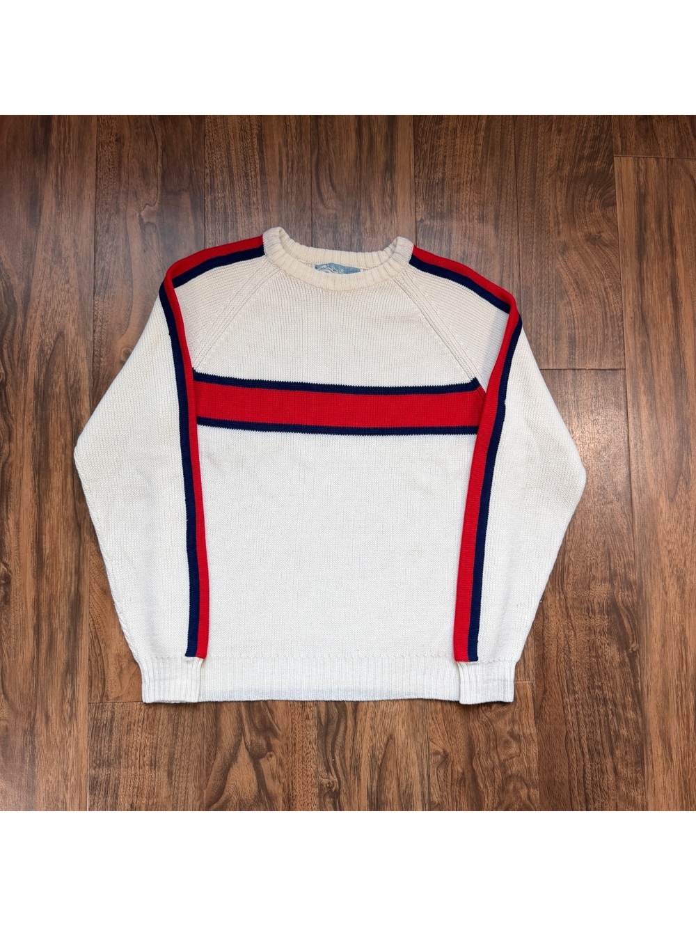 Vintage Surf Striped Knit Sweater Mens L Off White Red Navy 80s 90s
